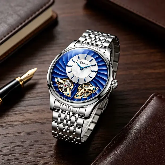 Montre pour homme avec double tourbillon rotatif bleu
