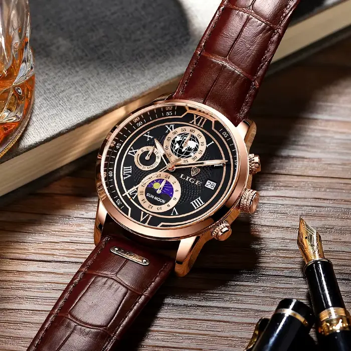 Nouvelles Montres Hommes 2026 LIGE Marque Haut de Gamme Cuir Chronographe Étanche Sport Automatique Date Quartz