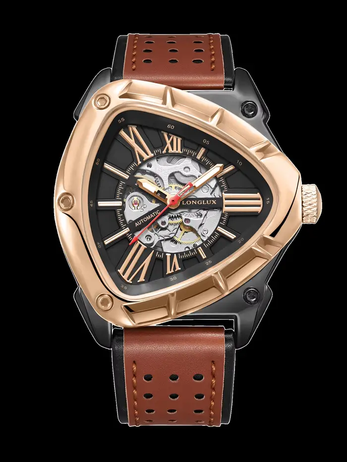 Montre automatique pour homme, style outdoor, montres mécaniques rétro, squelette triangulaire, cuir