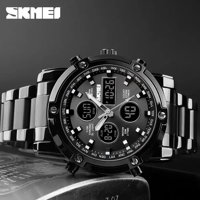 SKMEI 1389 Bracelet montre-Bracelet horloge montre à Quartz numérique hommes trois fois étanche