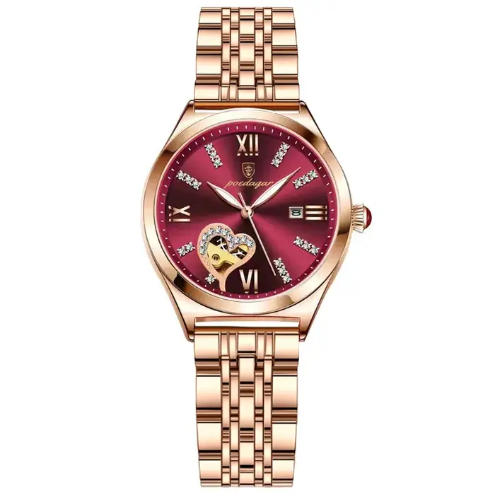Romantique vin rouge Montre en acier inoxydable conception lumineuse dames horloge décontracté femmes Montre-bracelet