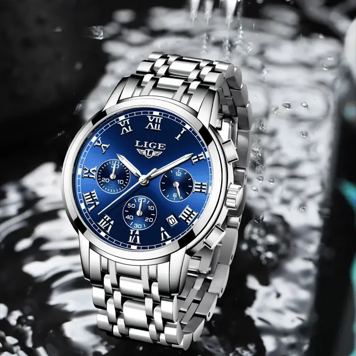 LIGE-Montre de sport à quartz étanche pour homme, montres chronographes décontractées, horloge entièrement en acier, marque supérieure, mode de luxe