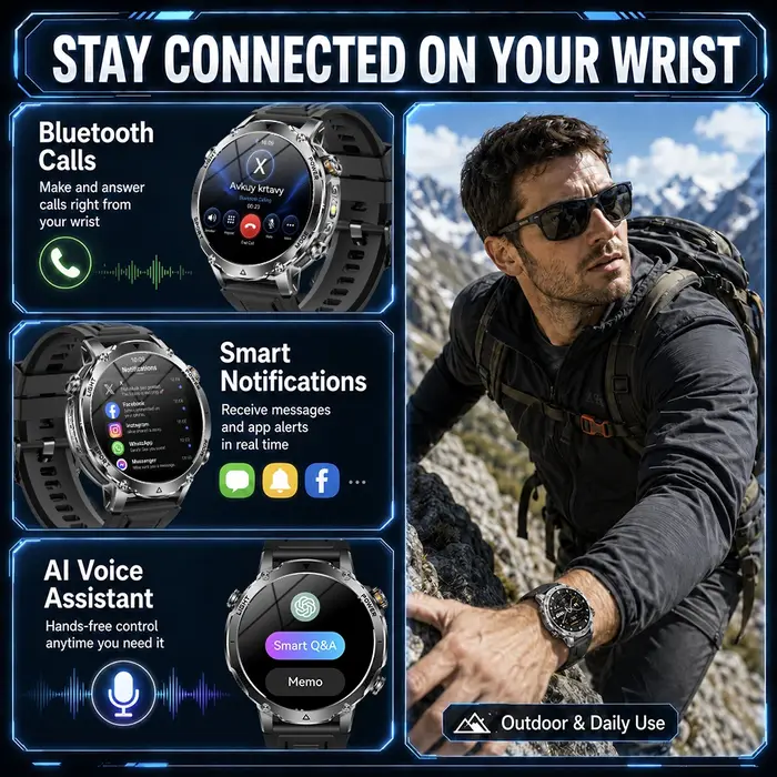 Nouvelle Montre Connectée Militaire 2026 avec GPS Intégré, Batterie 1400 mAh, Sportive, Écran AMOLED 1,7'', Étanche IP68, LED Blanc Rouge, SOS, pour Hommes