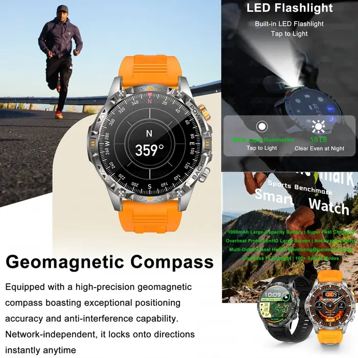 Montre connectée GPS pour homme avec batterie super capacité 1000 mAh, boussole, étanche 3 ATM, appels Bluetooth HD, écran 1,7 pouces, nouvelle version 2026