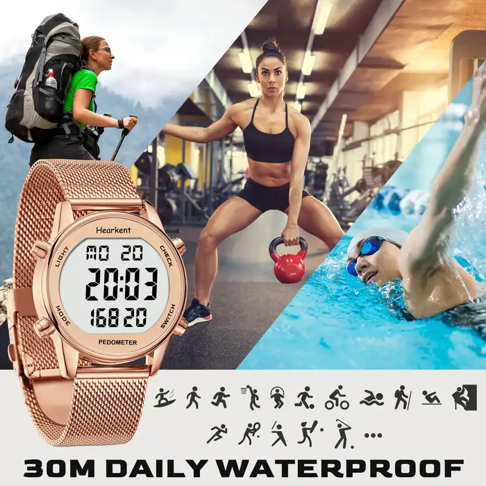 HEARKENT-Montre Numérique de dehors pour Femme, Podomètre, Compteur de Pas, Calrespiration, Miles, Tracker, Étanche, 30m, pour la Marche et la Course