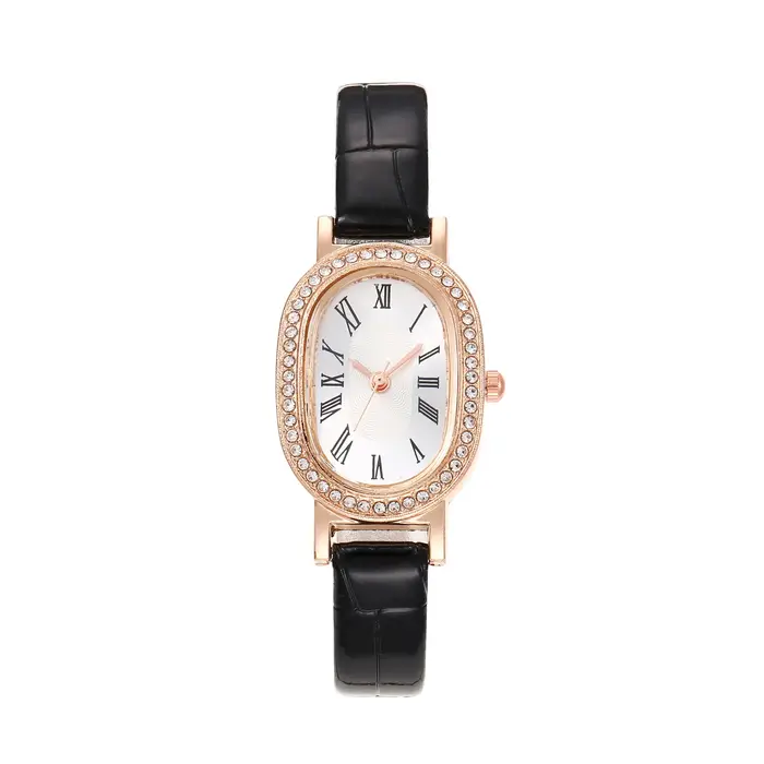 Montre pour femme vintage à cadran ovale avec strass, bracelet en cuir, simple et élégante, montre-b