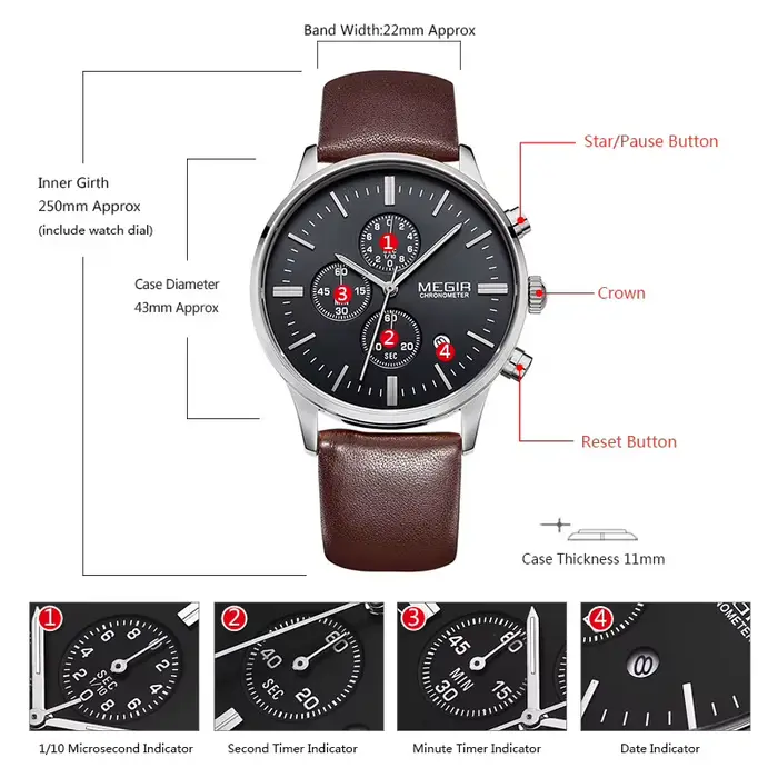Mode Megir 2011 Top marque Quartz hommes lumineux étanche montre de sport homme Commercial en cuir véritable affaires montres