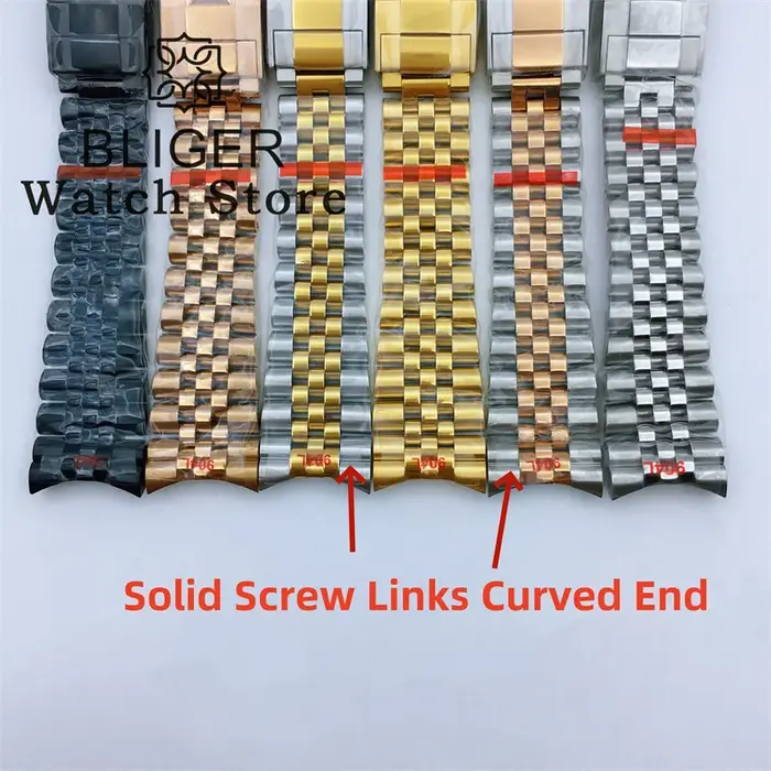 BLIGER 20mm 904L acier jubilé or moyen deux tons montre-Bracelet Bracelet solide vis liens extrémité incurvée