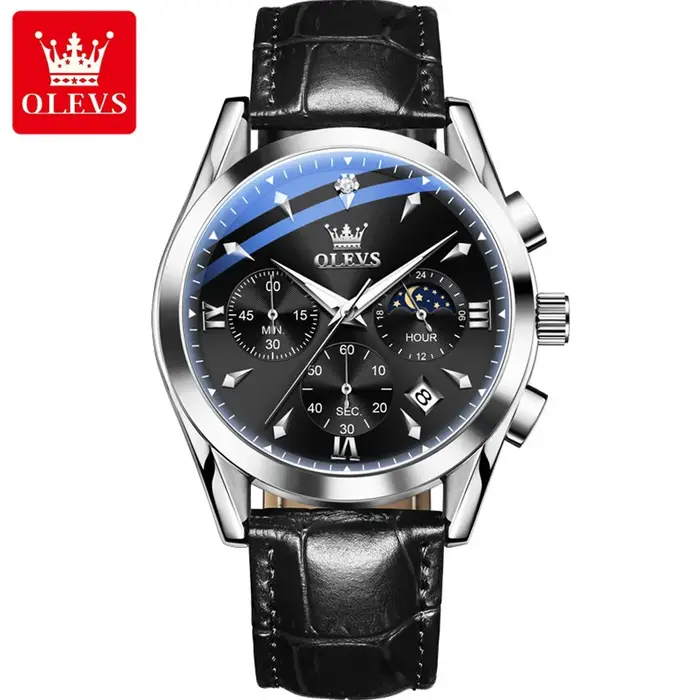 OLEVS 3609 Original Phase de lune chronographe montre pour hommes en cuir étanche lumineux luxe Quartz