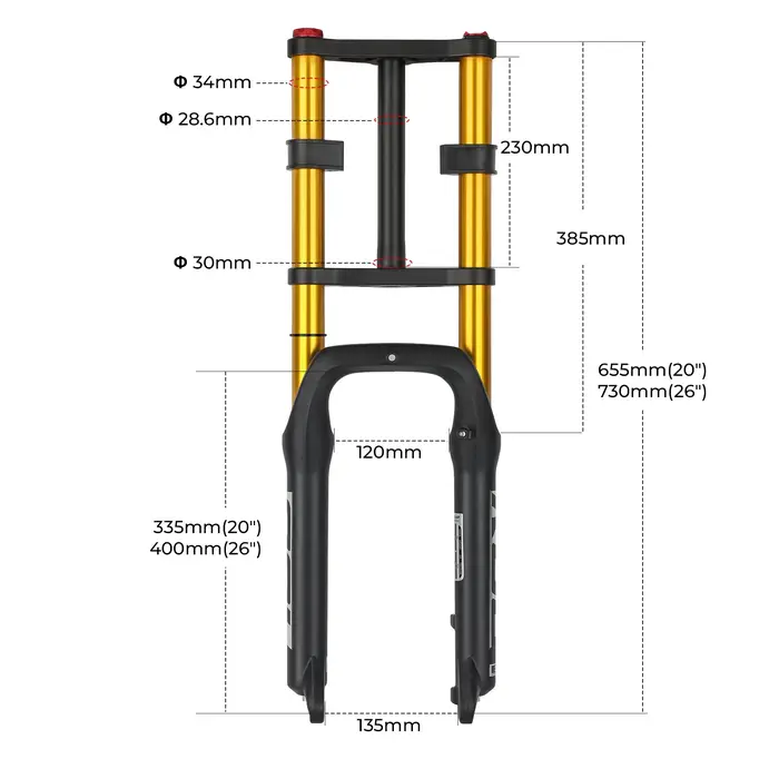 BOLANY fourche avant de neige à Double épaule 20*4.0 pouces/26*4.0 pouces fourche vtt 130mm fourche 