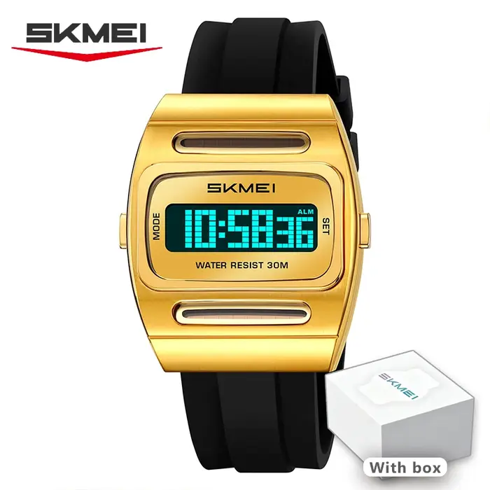 Montre numérique à énergie solaire pour homme SKMEI – Boîtier carré doré rétro
