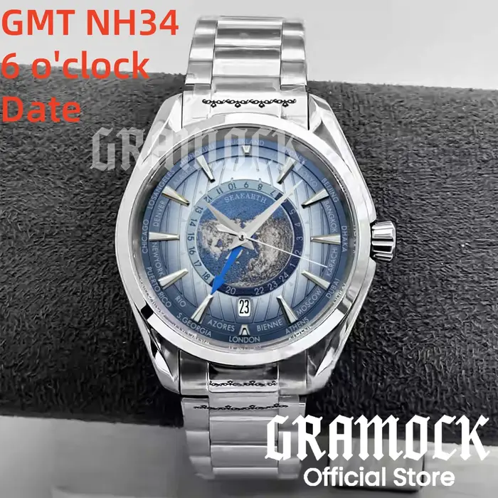 Gramock 40mm heure mondiale GMT Zone carte hommes 6 heures Date montre automatique NH34A mécanique plongée montre-bracelet en acier/caoutchouc bracelet