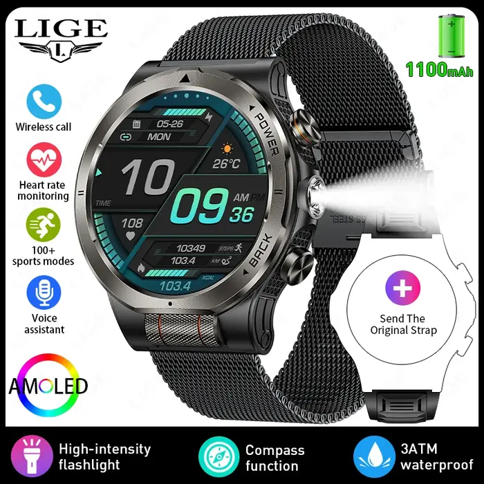 Montre connectée militaire LIGE pour homme, batterie 1100 mAh, boussole, lampe de poche, étanche 3 ATM, écran AMOLED 466*466, appels Bluetooth, montres d'extérieur
