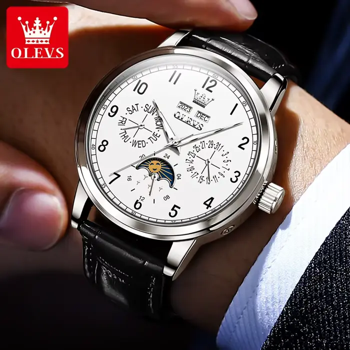 OLEVS 6698 nouvelle montre mécanique de Phase de lune pour hommes numéro 42mm grand cadran en cuir horloge à main étanche automatique homme montres 2025