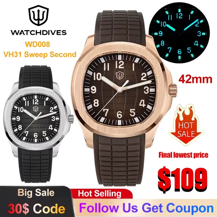 Watchdives WD008 Montre pour homme VH31 Mouvement à quartz à seconde fluide Verre saphir Étanche 100m Super lumineuse