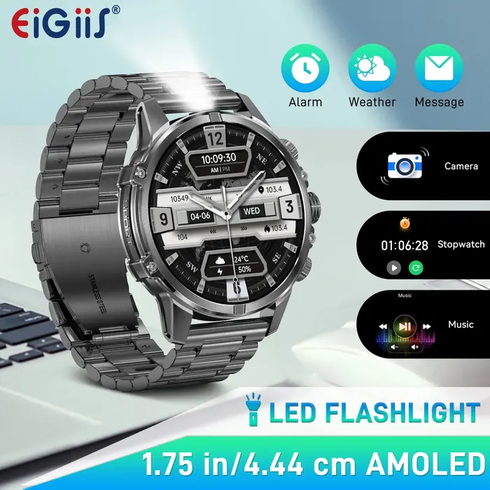 Montre connectée EIGIIS pour hommes, écran AMOLED de 1,75 pouces, batterie de 600 mAh, plus de 100 modes sportifs, montre de fitness avec moniteur de fréquence cardiaque