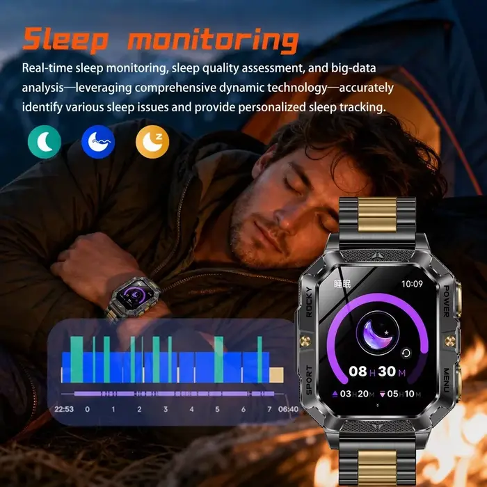 Montre connectée d'extérieur avec écran HD de 2,01 pouces, batterie de 1400 mAh, étanche IPX8, plus de 120 modes sportifs, appels BT5.3, lampe de poche LED, moniteur de santé.