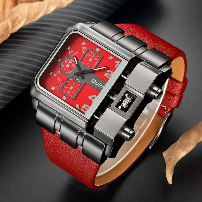 Oulm – montre à grand cadran carré en cuir PU pour homme