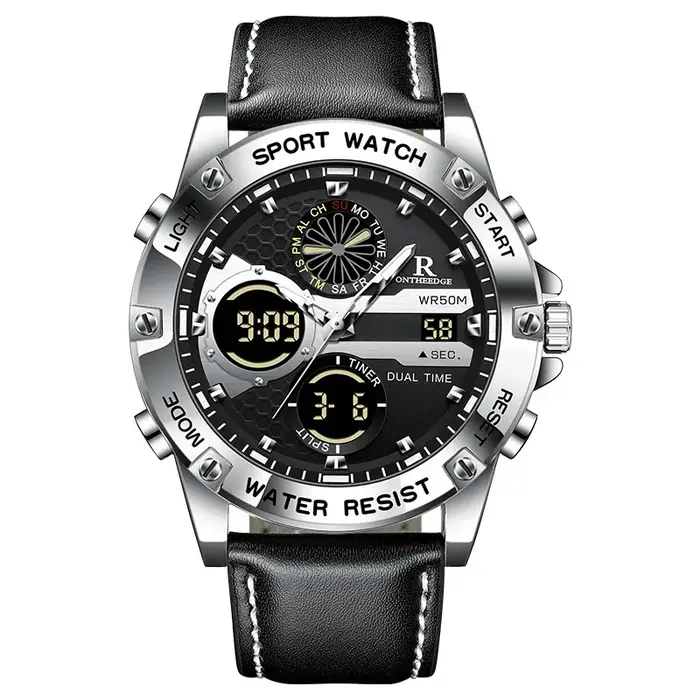 Montre à Quartz à grand visage pour hommes, avec double affichage, bracelet en cuir véritable, montr