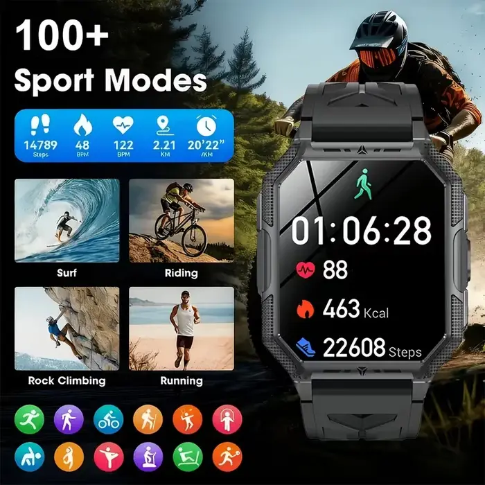 Montre connectée pour hommes, conçue pour les activités sportives de plein air, avec une autonomie de batterie allant jusqu'à 100 jours, compatible avec plus de 100 modes sportifs et idéale pour les l