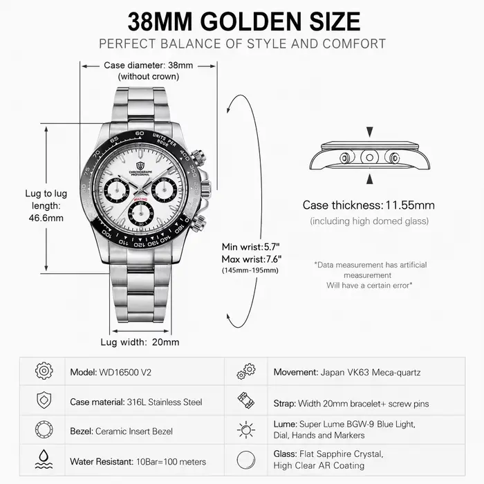 Watchdives WD16500 V2 montre à Quartz VK63 balayage sport chronographe montres saphir AR revêtement BGW9 lumineux