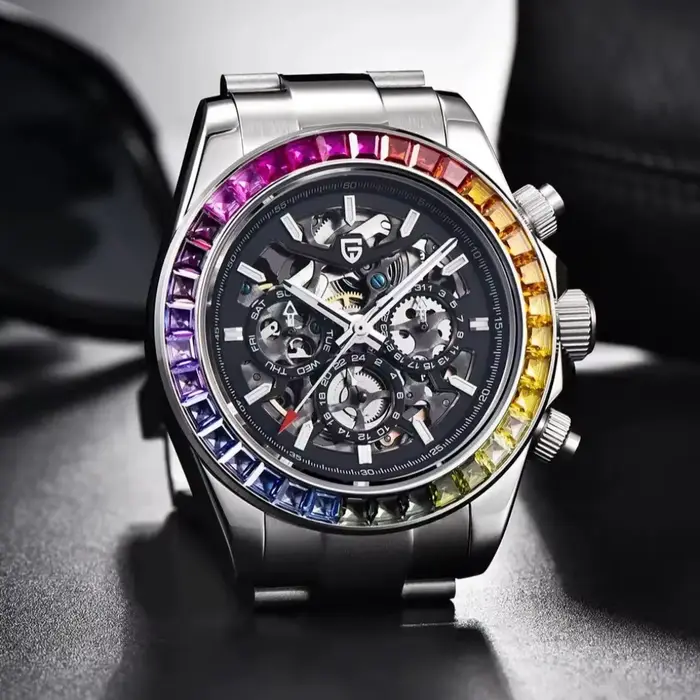 Montre mécanique automatique pour homme PAGANI DESIGN avec lunette sertie de pierres précieuses colorées