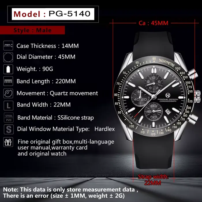 PAGRNE DESIGN Nouvelle montre à quartz pour homme de 45 mm