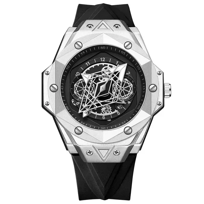 Montre-bracelet à quartz lumineuse pour homme avec bracelet en silicone, cadran ajouré, calendrier,