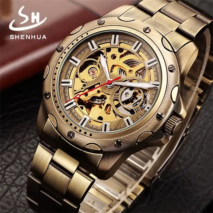 SHENHUA 9536A hommes montre mécanique automatique Bronze squelette décontracté