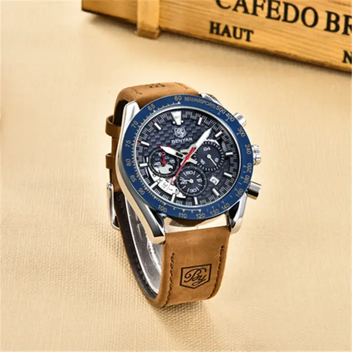 Benyar Design-Montre à quartz en cuir pour homme, chronographe Shoous, marque de sport, mode vintage, étanche à 30m, 45mm