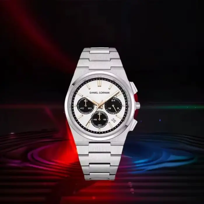 J'aime vraiment cette montre chronographe 40 mm avec cadran panda, mouvement à quartz, étanche 5 bars, bracelet en acier inoxydable, cadeau Daniel Gorman.