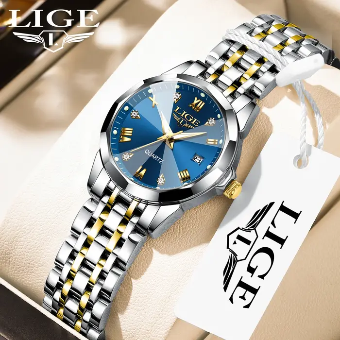 LIGE-Montre de Luxe Élégante pour Femme, en Acier Inoxydable, Étanche, à Quartz, pour Fille