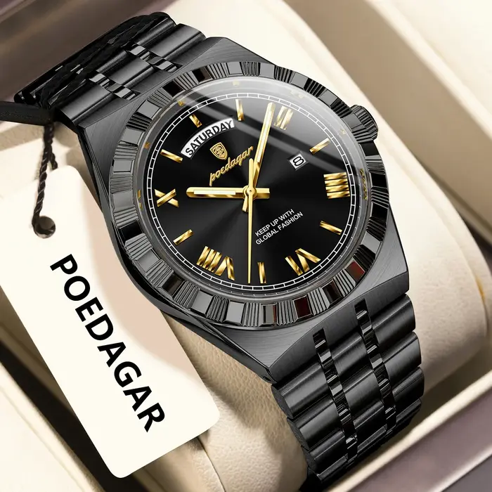 POEDAGAR luxe homme d'affaires montre semaine Date étanche montres lumineuses pour hommes en acier inoxydable Quartz