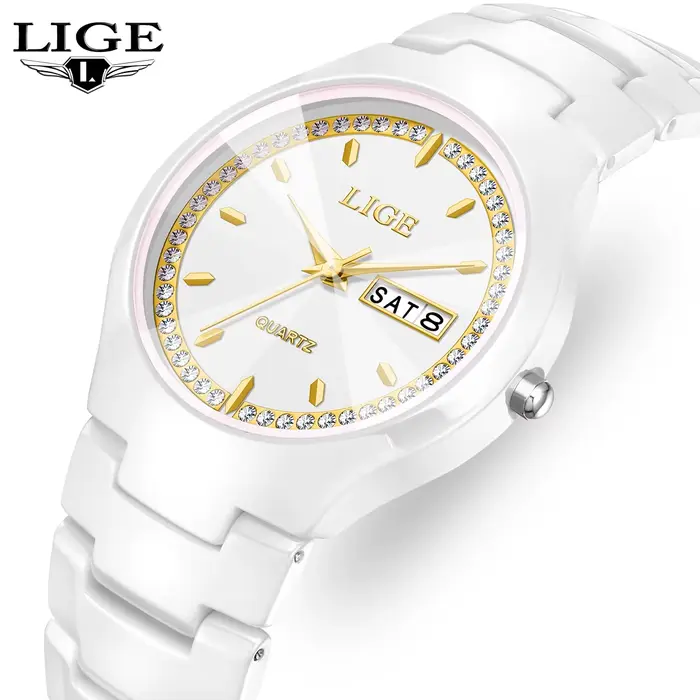 LIGE céramique hommes montres calendrier étanche femmes