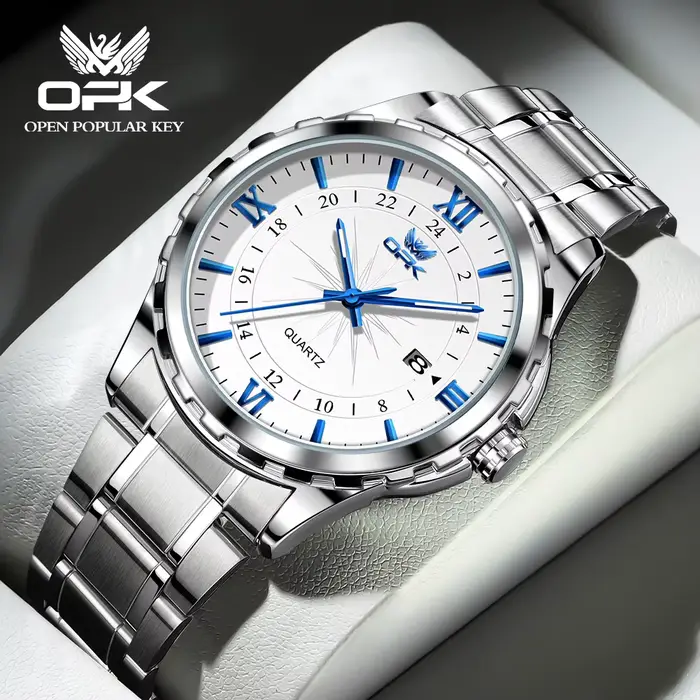 Montre à quartz pour hommes avec ceinture en acier de marque OPK à double calendrier 6003