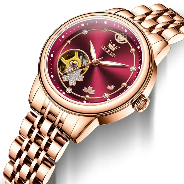 Or Rose vin rouge luxe décontracté dames montre-bracelet étanche automatique mécanique femme montre