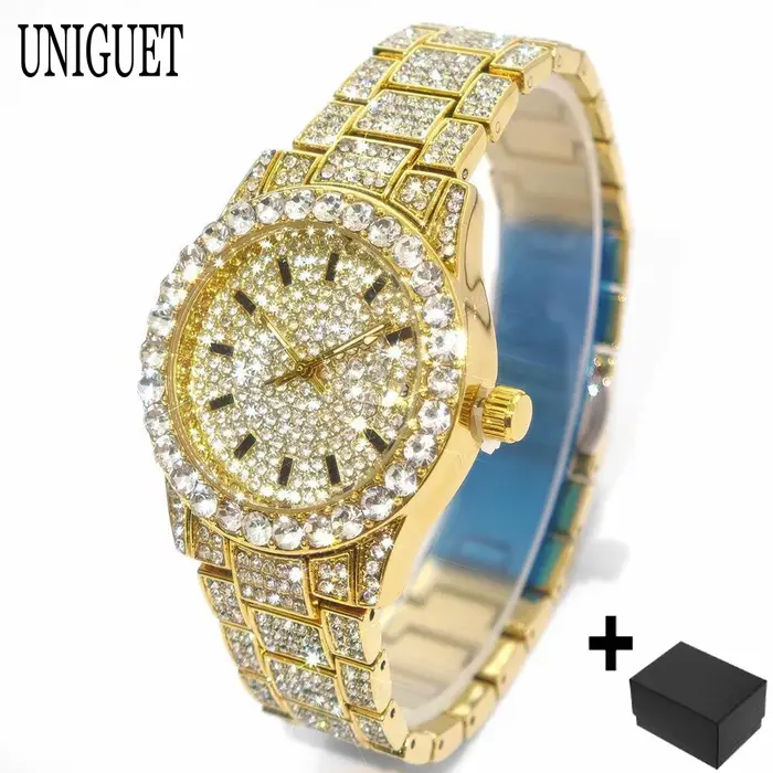 2025 mode chaude montres en or femmes de luxe en acier inoxydable élégant diamant glacé bijoux Quartz montre-bracelet dames livraison directe