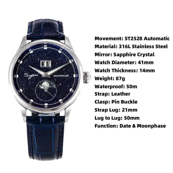 Sugess montre pour hommes édition limitée phase de lune boîtier en acier inoxydable 316L Tianjin ST2