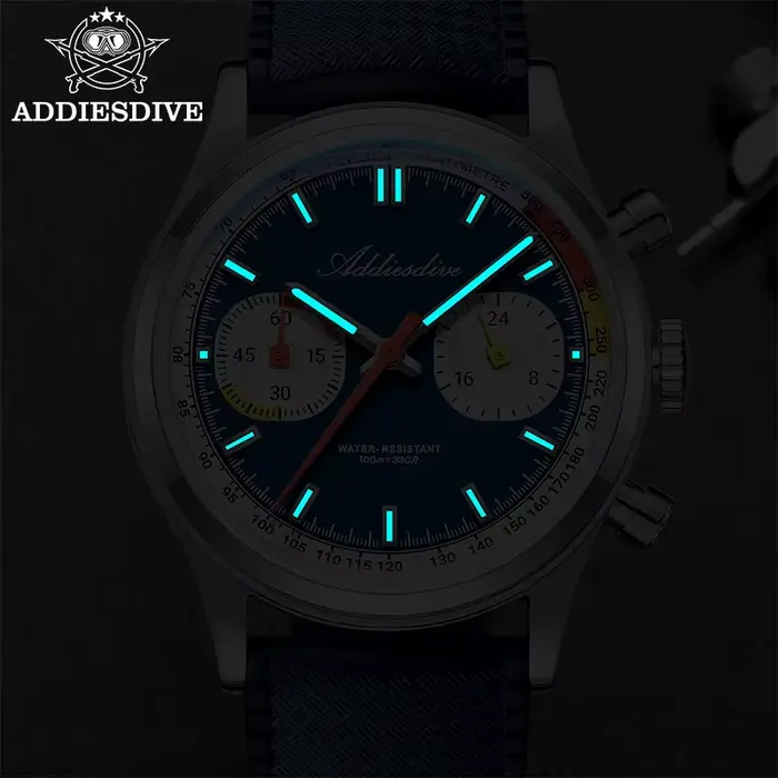 ADDIESDIVE TOP 38mm chronographe montre VK64 10Bar étanche BGW9 Super lumineux fluorocarbone caoutchouc Quartz