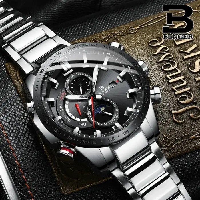 Véritable marque de luxe BINGER hommes montres automatique mécanique lumineux entièrement en acier étanche calendrier de course mâle Phase de lune