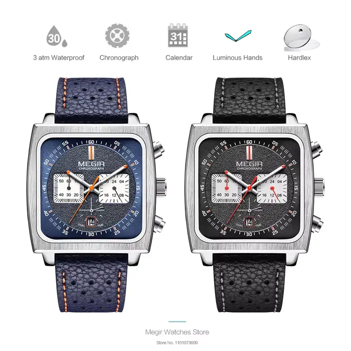 Montre MEGIR à cadran carré bleu pour homme