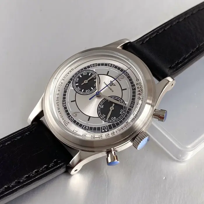 Montre rétro Tandorio pour hommes, 38mm, montre de Sport, mouvement Miyota OS20, chronographe, horloge à Quartz, cadran argenté, verre arqué à bulles