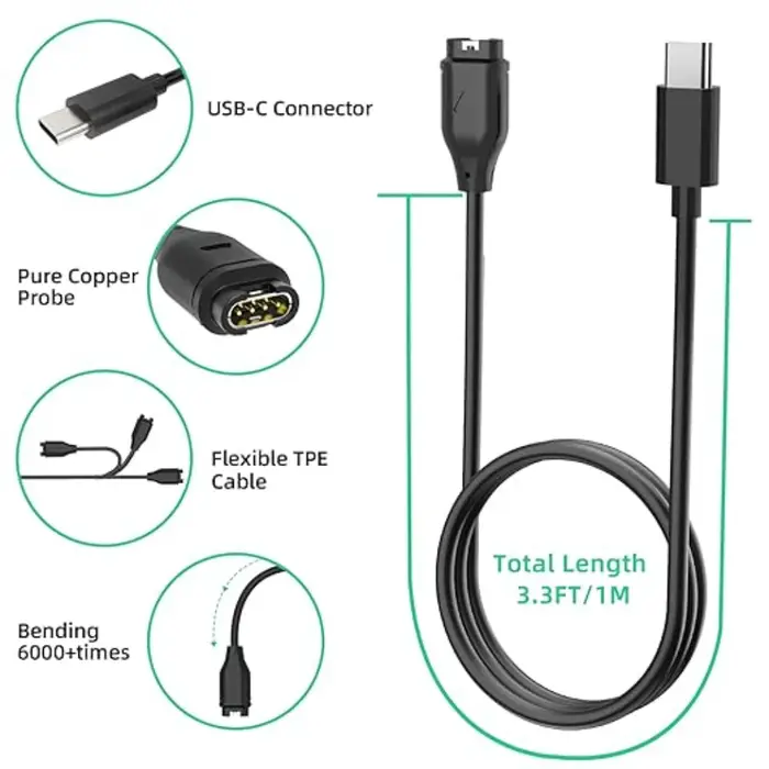 Câble de chargeur de remplacement pour montre connectée Garmin Fenix 8 7 7S 7X Pro 6 6S 6X Pro 5 5s 5X Plus USB-C