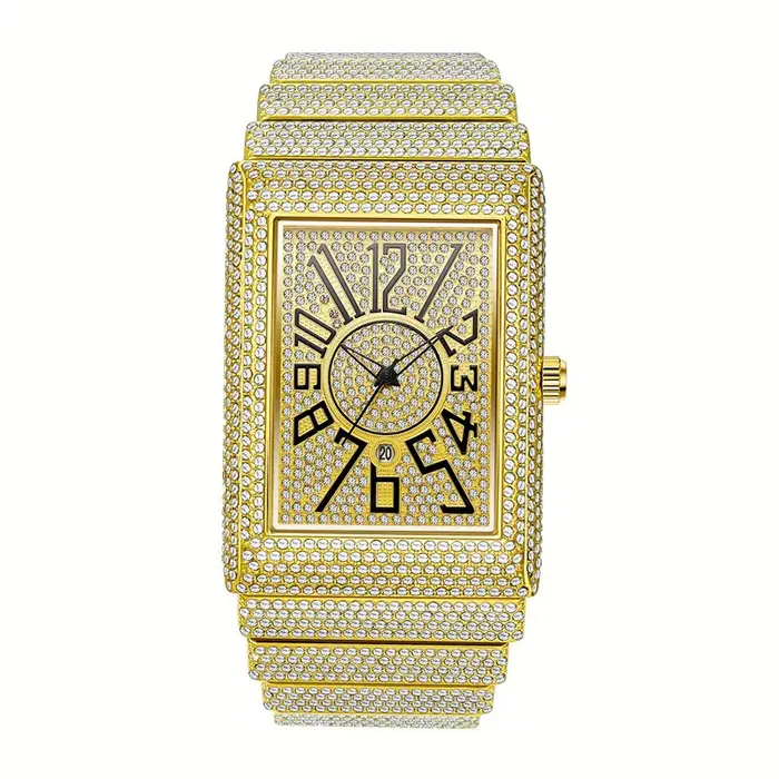 Montre de luxe en diamant doré et argenté pour hommes, montres-bracelets à quartz, Hip Hop Date, hor