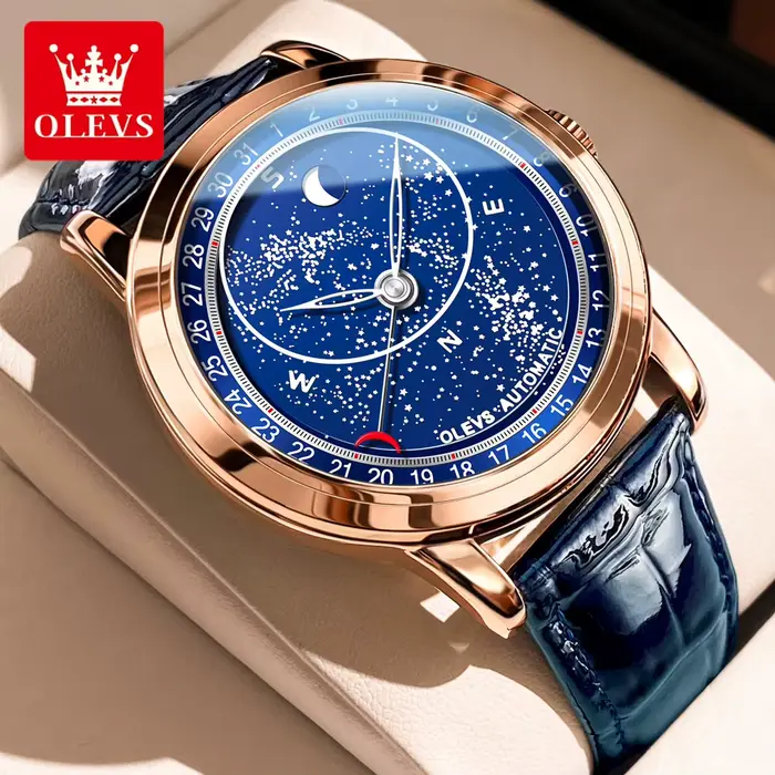 OLEVS 9923 montres mécaniques automatiques de Phase de lune pour homme bracelet en cuir de mode étanche ciel étoilé bleu