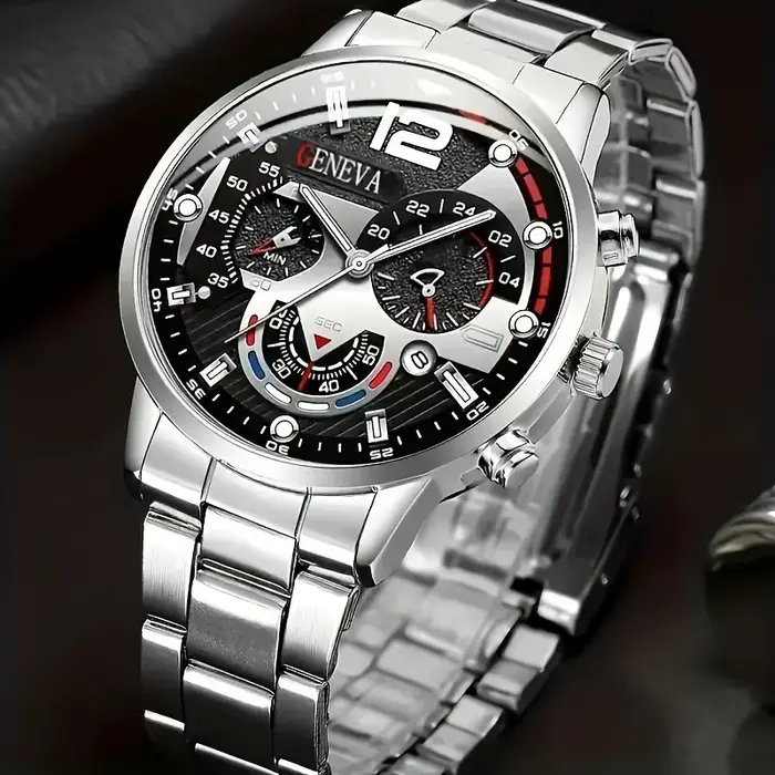 Ensemble de montre à quartz pour hommes 8 pièces, avec un cadran circulaire noir, un bracelet, un collier et une bague