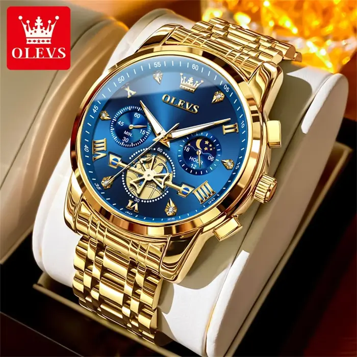 OLEVS montres pour homme phase de lune 30 m étanche mode véritable montre à quartz lumineux en acier inoxydable marque montre-bracelet coffret