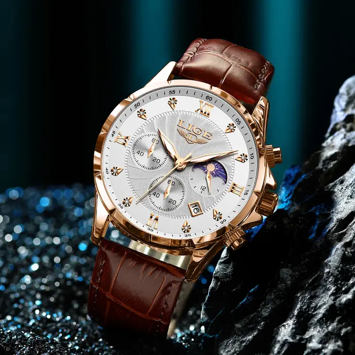 LIGE montre pour hommes de luxe affaires lumineux étanche montres en cuir Phase de lune semaine Date montre à Quartz décontractée hommes Reloj hombre