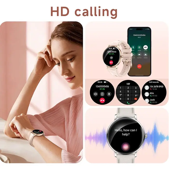 Montre connectée pour femmes 2026, écran AMOLED 1,19'', corps ultra-fin, plus de 120 modes sportifs, appels BT, suivi de la fréquence cardiaque et du sommeil, cadeau de Noël