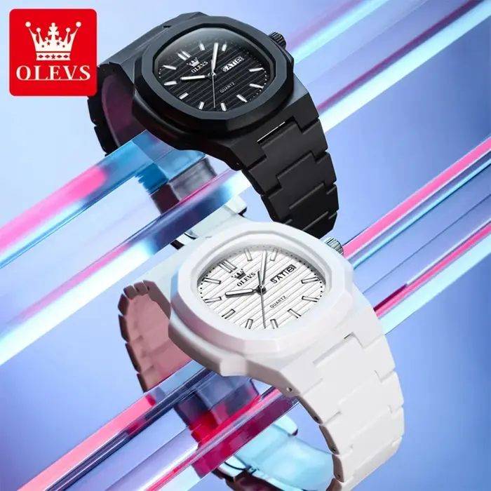 Montre OLEVS tendance pour jeunes, étanche, avec date et jour, lumineuse, unisexe, en résine blanche, montre à quartz pour hommes, montre pour étudiants, reloj hombre